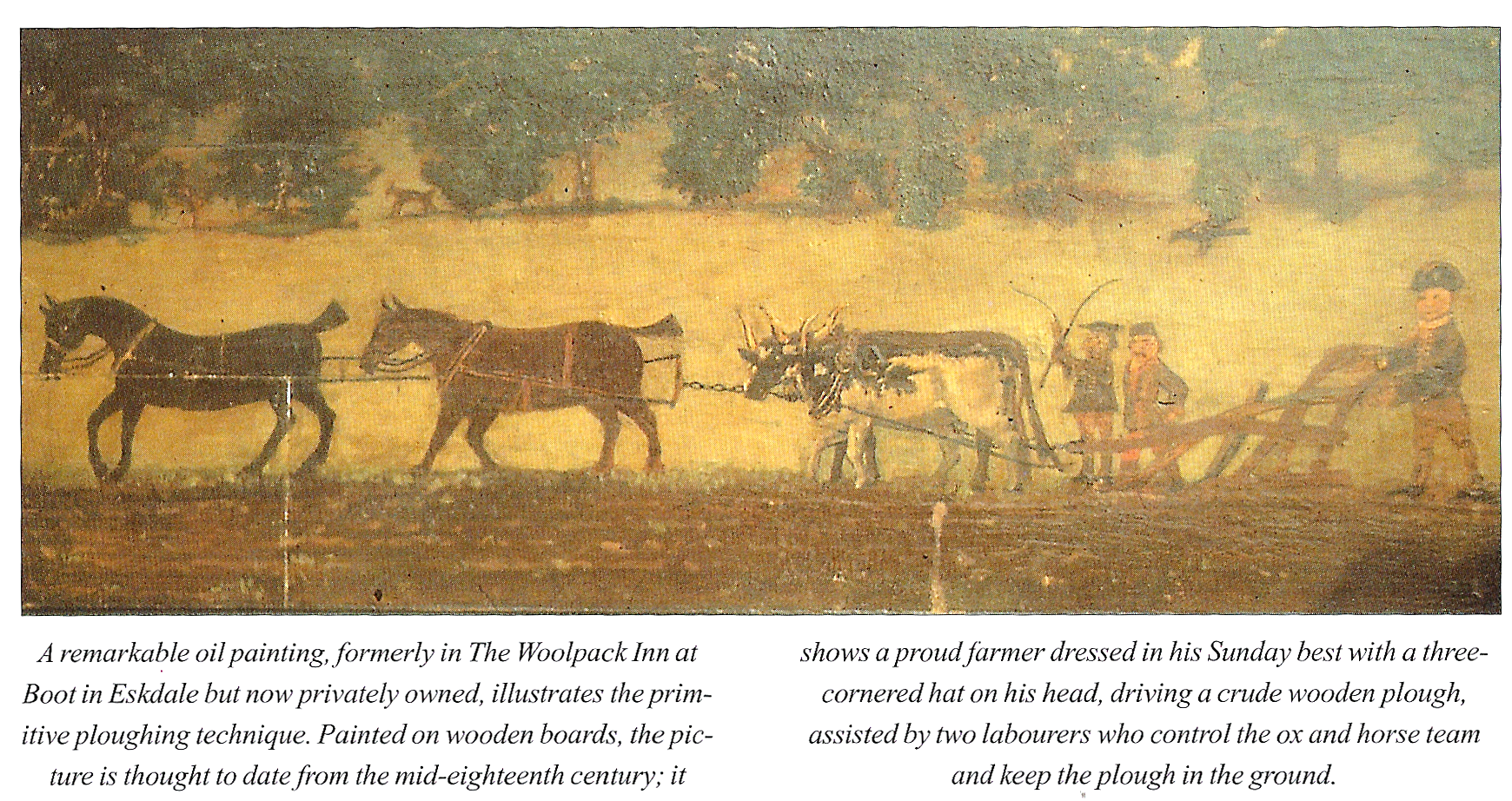 old painting of ponies and oxen ploughing